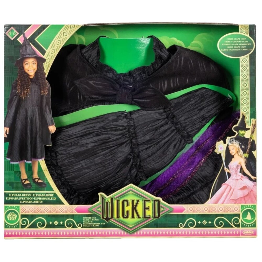 WICKED ELPHABA Costume Set Dress Cape Hat GIRLS SIZE 4-6X Cosplay NEW